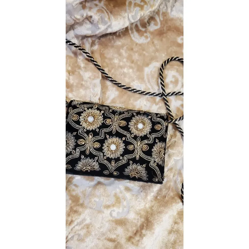 Vintage Zardozi Black Velvet Evening Bag Embroidered Gold Jewel Clutch Club